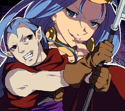  1boy blue_eyes brown_gloves cape chrono_trigger clenched_teeth earrings enoo evil_smile female finger_to_mouth gloves holding jaggy_lines jewelry long_hair looking_to_the_side lowres magus_(chrono_trigger) mother_and_son oekaki outline pointy_ears purple_hair queen_zeal red_eyes scythe sleeveless smile teeth third-party_source weapon 