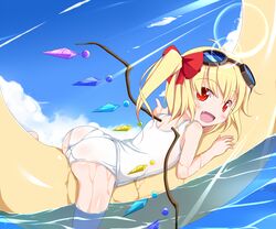  :d ass banana_boat blonde_hair blue_sky blush cloud commentary_request day female flandre_scarlet food fruit goggles goggles_on_head looking_at_viewer nikku_(ra) oerba_yun_fang on_banana one-piece_swimsuit open_mouth outdoors pointing red_eyes revision school_swimsuit short_hair side_ponytail sky smile solo swimsuit touhou water wet white_one-piece_swimsuit wings 