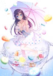  blue_eyes breasts candy cup dress female female food goma_(11zihisin) long_hair original print smile solo spotted sweets umbrella 