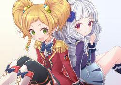  2girls aikatsu!_(series) aikatsu_stars! black_legwear blonde_hair blush commentary_request epaulettes green_eyes hair_bobbles hair_ornament kneehighs long_hair looking_at_viewer multiple_girls nikaido_yuzu open_mouth parted_lips red_eyes s4_uniform shirogane_lily short_hair short_twintails sitting smile socks thighhighs twintails white_hair yuki_shiro 