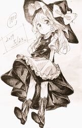  bad_id bad_twitter_id boots braid commentary_request female hat highres iiha_toobu kirisame_marisa long_hair monochrome side_braid single_braid skirt skirt_set solo touhou vest witch_hat 