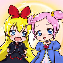  2girls aged_down blonde_hair blue_eyes bow brooch commentary_request dokidoki!_precure dress hair_bobbles hair_ornament hairbow hands_on_own_hips heart heart_brooch jewelry long_hair marie_ange multiple_girls nekoko_(nekonekonya) photoshop_(medium) pink_hair precure regina_(dokidoki!_precure) short_hair short_twintails smile twintails yellow_background 