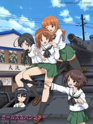  5girls akiyama_yukari black_hair blush brown_eyes brown_hair cloud cloudy_sky commentary_request day girls_und_panzer green_skirt holding_hands hug hug_from_behind isuzu_hana military military_vehicle motor_vehicle multiple_girls nishizumi_miho nolia on_vehicle ooarai_school_uniform orange_hair outdoors panties pantyshot panzer_iv pleated_skirt reizei_mako school_uniform serafuku skirt sky takebe_saori tank thighhighs typo underwear white_panties 