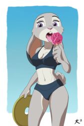  2018 2:3 abs absurd_res anthro athletic athletic_anthro athletic_female bikini breasts cleavage clothed clothing deaffinity deannart disney female food frisbee fur hi_res judy_hopps lagomorph leporid mammal pawpsicle popsicle purple_eyes rabbit short_stack simple_background solo standing swimwear tongue tongue_out zootopia 