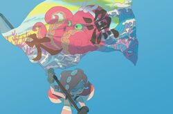  armor bad_id bad_twitter_id black_gloves blue_background breastplate female flag gloves goggles katou_(osoraku) octoling octoling_player_character red_hair short_hair simple_background smile solo splatoon_(series) takozonesu tentacle_hair upper_body 