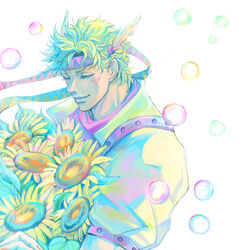  1boy blonde_hair blue_hair bubble caesar_anthonio_zeppeli commentary_request facial_mark feather_hair_ornament feathers fingerless_gloves flower gloves hair_ornament headband jojo_no_kimyou_na_bouken male_focus scarf shishimaru_(polar_museum) solo sunflower 