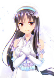  black_hair bridal_veil brown_eyes commentary_request dress elbow_gloves female flower gloves japanese_clothes kakuume kantai_collection long_hair looking_at_viewer petals shouhou_(kancolle) smile solo veil wedding_dress 