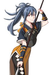  blue_hair commentary_request female fire_emblem fire_emblem_fates long_hair minato_(robin) naginata oboro_(fire_emblem) pantyhose pink_eyes polearm ponytail smile solo weapon white_background 