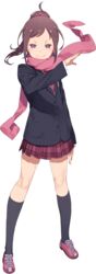  black_socks blazer checkered_clothes checkered_skirt female full_body highres jacket kominato_isumi kuroboshi_kouhaku miniskirt necktie pleated_skirt ponytail pop_in_q red_eyes scarf school_uniform skirt socks solo transparent_background 