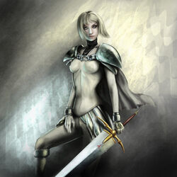  armor bangs bodysuit breasts cape clare_(claymore) claymore claymore_(sword) covered_nipples expressionless from_side gloves greaves holding holding_weapon lips looking_at_viewer medium_breasts pauldrons short_hair silver_eyes solo sword turtleneck vambraces weapon white_hair 