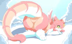  16:10 2018 3_toes aliasing anthro ass_up blush cloud digital_media_(artwork) dragon featureless_crotch feet female fur furred_dragon furred_scalie hair hi_res horn looking_at_viewer mammal mythological_creature mythological_scalie mythology nude on_cloud outside pata pink_body pink_fur pink_hair raised_tail rear_view scalie smile solo tail toes widescreen 