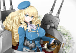  ajino_(sakanahen) alternate_hairstyle atago_(kancolle) bad_id bad_pixiv_id black_gloves black_pantyhose blonde_hair blue_eyes breasts commentary_request curly_hair drill_hair female gloves hat kantai_collection large_breasts long_hair looking_at_viewer military military_uniform pantyhose simple_background solo sword uniform weapon 