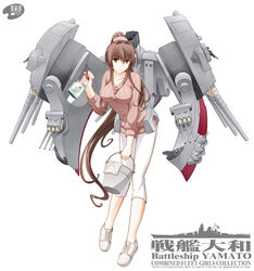  aircraft_catapult alternate_costume anti-aircraft_gun autocannon battleship border bottle breasts brown_eyes brown_hair bucket cannon casual character_name collarbone commentary_request female flower food full_body hair_flower hair_intakes hair_ornament historical_name_connection holding holding_bucket impossible_clothes impossible_sweater kantai_collection knees_together_feet_apart large_breasts leaning long_hair looking_at_viewer military military_vehicle name_connection object_namesake photoshop_(medium) ponytail range_finder ribbed_sweater rigging scrunchie ship shizuki_michiru shoes sidelocks silhouette simple_background smokestack solo spray_bottle standing sweater turret very_long_hair warship watercraft white_background white_footwear yamato_(battleship) yamato_(kancolle) 