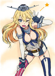  blonde_hair blue_eyes breasts cleavage commentary_request dokozo_no_shirou elbow_gloves female fingerless_gloves garter_straps gloves hat iowa_(kancolle) kantai_collection large_breasts long_hair looking_at_viewer one_eye_closed open_mouth pose solo star-shaped_pupils star_(symbol) striped symbol-shaped_pupils thighhighs vertical_stripes waving 