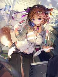  animal_ears belt blush breasts brown_pants buttons chair collar collarbone collared_shirt commentary_request corded_phone cowboy_shot crab_d earrings female fox_ears fox_tail jacket jewelry korean_commentary large_breasts looking_at_viewer monitor navel open_clothes open_mouth pants paper pencil phone purple_eyes purple_ribbon ribbon shirt short_hair single_earring solo swept_bangs tail white_shirt wing_collar 