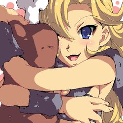  armpits ayla_(chrono_trigger) bandeau blonde_hair blue_eyes blush boned_meat breasts caveman chrono_trigger curly_hair enoo female food fur_trim hugging_object jaggy_lines long_hair lowres meat medium_breasts oekaki open_mouth simple_background smile solo tsurime white_background wrist_cuffs 