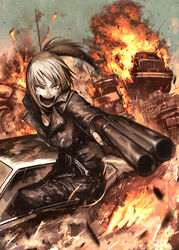  blonde_hair blue_eyes burning car commentary double-barreled_shotgun english_commentary explosion female fingerless_gloves fire gloves gun hetza_(hellshock) highres jacket leather leather_jacket mad_max mad_max:_fury_road motor_vehicle open_mouth original ponytail sawed-off_shotgun shotgun suzumi_(hetza) the_doof_warrior through_window truck weapon wrench 