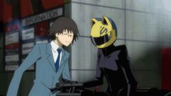  1boy animated animated bodysuit celty_sturluson durarara!! female glasses helmet kishitani_shinra motorcycle motorcycle_helmet necktie school_uniform stab stabbing 