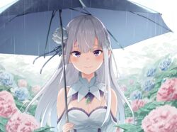  breasts cleavage closed_mouth commentary_request detached_collar detached_sleeves elf emilia_(re:zero) female flower gem grey_hair hair_between_eyes hair_flower hair_ornament hair_ribbon hidaka_kouyou highres holding holding_umbrella hydrangea long_hair looking_at_viewer pointy_ears purple_eyes purple_ribbon rain re:zero_kara_hajimeru_isekai_seikatsu ribbon solo tearing_up umbrella white_flower white_hair x_hair_ornament 