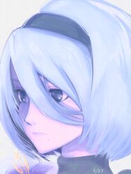  2b_(nier:automata) black_dress black_hairband blue_eyes closed_mouth commentary_request dated dress eyelashes female hair_between_eyes hairband highres juliet_sleeves kinpun_(fgxdw447) long_sleeves looking_away mole mole_under_mouth nier:automata nier_(series) no_blindfold portrait puffy_sleeves short_hair simple_background solo turtleneck white_background white_hair 