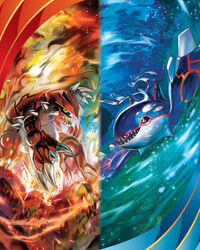  4:5 ambiguous_gender blue_body blue_skin claws contrast digital_media_(artwork) duality duo feral fin fire generation_3_pokemon groudon hi_res horn kyogre legendary_pokemon liquid nintendo official_art pokemon pokemon_(species) red_body red_skin spikes split_screen tokiya_sakuba water yellow_eyes 