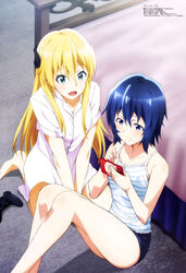  2girls absurdres bed between_legs black_shorts blonde_hair blue_eyes blue_hair collarbone copyright_name dress_shirt gamers! green_eyes hair_between_eyes hand_between_legs highres holding holding_phone hoshinomori_chiaki indoors long_hair magazine_scan megami_magazine multiple_girls nakano_keiya naked_shirt official_art open_mouth phone scan shiny_skin shirt short_hair short_shorts short_sleeves shorts sitting sleeveless striped_clothes striped_shirt tendou_karen 