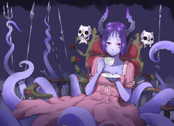  artist_name colored_skin commentary cup dress eudetenis facial_mark female highres holding holding_cup horns looking_at_viewer monster_girl original parted_bangs parted_lips pink_dress pointy_ears polearm purple_hair purple_skin red_eyes saucer scylla short_hair short_sleeves sitting skull solo spear tea teacup tentacle thrown trident weapon 