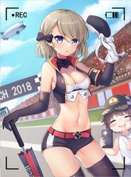  1boy :d :o aircraft asymmetrical_gloves azur_lane baseball_cap belt belt_buckle beret black_bow black_gloves black_hat black_pants black_shorts black_sleeves black_thighhighs blue_sky blush bow breasts brown_hair buckle cellphone chinese_commentary chuor_(chuochuoi) cleavage closed_eyes cloud commentary_request crop_top day detached_sleeves dirigible drooling elbow_gloves fake_phone_screenshot fake_screenshot female gloves hair_between_eyes hairbow hat head_tilt holding holding_clothes holding_hat holding_phone light_brown_hair long_sleeves looking_at_viewer medium_breasts midriff navel open_mouth outdoors pants parted_lips phone purple_eyes race_queen red_belt shirt short_shorts shorts single_detached_sleeve single_elbow_glove sky sleeveless sleeveless_shirt smile solo_focus taking_picture thighhighs thumbs_up umbrella uneven_gloves unworn_hat unworn_headwear white_gloves white_shirt z23_(azur_lane) 