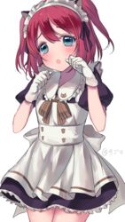  :o animal_ears apron aqua_eyes artist_name black_ribbon blush brown_ribbon cat_ears clenched_hands commentary_request cowboy_shot dress female frilled_shirt_collar frills fuyuzima gloves hair_ribbon highres kemonomimi_mode kurosawa_ruby love_live! love_live!_sunshine!! maid maid_headdress neck_ribbon open_mouth paw_pose red_hair ribbon short_sleeves simple_background solo striped striped_ribbon two_side_up white_apron white_background white_gloves 