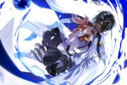  1boy arjuna_(fate) bad_id bad_pixiv_id black_hair cape chaldea_uniform dark-skinned_male dark_skin fate/grand_order fate_(series) female fujimaru_ritsuka_(female) gloves long_sleeves orange_hair short_hair side_ponytail skirt ysk_(yusuke) 