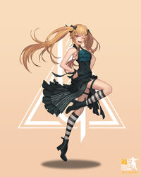  404_logo_(girls&#039;_frontline) absurdres armpits bare_shoulders black_dress black_footwear black_ribbon blush boots brown_hair commentary_request dlalsrl03131 dress female floating_hair girls&#039;_frontline hair_ornament hair_ribbon hairclip hands_on_own_hips high_heel_boots high_heels highres hopping leg_up logo long_hair looking_at_viewer official_alternate_costume one_eye_closed open_mouth ribbon scar scar_across_eye scar_on_face simple_background sleeveless sleeveless_dress smile socks solo striped_clothes striped_socks thigh_strap thighs twintails ump9_(girls&#039;_frontline) ump9_(the_world&#039;s_melody)_(girls&#039;_frontline) wrist_ribbon 