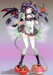  absurdres ahoge apron arm_at_side ass_visible_through_thighs beelzebub_(the_seven_deadly_sins) black_dress black_gloves black_wings chains cleavage_cutout clothing_cutout collar demon_girl demon_wings dress female flat_chest frilled_apron frills full_body gimp_(medium) gloves gradient_background green_eyes hair_ornament hair_tie hand_up highres horns jack-o&#039;-lantern long_hair nishii_(damnedrive) official_art parted_bangs pointy_ears puffy_short_sleeves puffy_sleeves purple_hair scan short_dress short_sleeves single_horn solo spread_wings standing the_seven_deadly_sins thighhighs twintails waist_apron white_apron white_thighhighs wings 