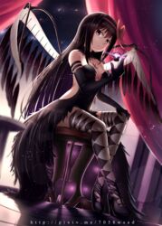  akemi_homura akuma_homura argyle_clothes argyle_legwear bare_shoulders black_dress black_gloves black_hair black_wings bow bu_li choker commentary dark_orb_(madoka_magica) dress elbow_gloves feathered_wings female gloves hairbow high_heels long_hair looking_at_viewer mahou_shoujo_madoka_magica mahou_shoujo_madoka_magica:_hangyaku_no_monogatari purple_eyes red_bow sitting solo soul_gem thighhighs wings 