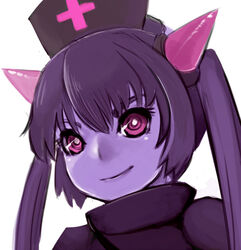  @_@ black_shirt chrome_(mon-musu_quest!) close-up closed_mouth colored_skin commentary_request cross eyebrows eyelashes female greek_cross hair_between_eyes hat horns long_hair looking_at_viewer lowres mon-musu_quest! nurse_cap oni_horns photoshop_(medium) pink_eyes pink_horns purple_hair purple_skin red_cross shirt simple_background smile solo torotoro_resistance white_background wizard898 