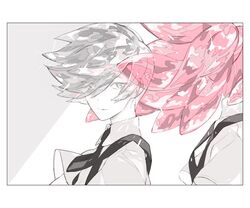  2others androgynous back-to-back colored_eyelashes commentary_request eyes_visible_through_hair gem_uniform_(houseki_no_kuni) goshenite_(houseki_no_kuni) grey_eyes grey_hair houseki_no_kuni jewelry_cats long_hair looking_at_viewer morganite_(houseki_no_kuni) multiple_others necktie other_focus out_of_frame pink_hair ponytail short_hair smile sparkle suspenders upper_body white_hair 