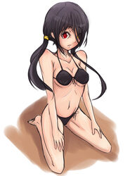  bad_link bikini black_bikini black_hair breasts cleavage collaboration colorized date_a_live demstouts female front-tie_bikini_top front-tie_top hair_over_one_eye heterochromia kneeling long_hair looking_at_viewer medium_breasts navel red_eyes simple_background solo swimsuit tokisaki_kurumi twintails underboob white_background yellow_eyes 