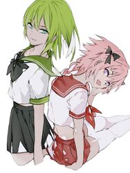  1boy 1other alternate_color androgynous astolfo_(fate) astolfo_(fate)_(cosplay) astolfo_(sailor_paladin)_(fate) astolfo_(sailor_paladin)_(fate)_(cosplay) black_skirt braid commentary_request cosplay crop_top cropped_shirt enkidu_(fate) fate/apocrypha fate/grand_order fate/strange_fake fate_(series) green_eyes green_hair green_sailor_collar long_hair male_focus official_alternate_costume open_mouth otoko_no_ko pink_hair purple_eyes red_sailor_collar red_skirt sailor_collar school_uniform serafuku single_braid skirt smile suou_(sdurorhr) thighhighs 