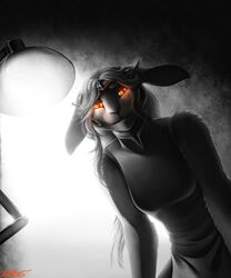  2015 5:6 abstract_background android anthro asian_clothing avalenna chinese_clothing chinese_dress clothed clothing conditional_dnp digital_media_(artwork) dress east_asian_clothing faraden female fur glowing glowing_eyes hi_res lagomorph lamp legacy_(ratte) leporid looking_at_viewer machine mammal orange_eyes pure_faraden rabbit ratte robot simple_background solo white_body white_fur 