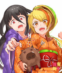  2019 2girls arrow_(projectile) arrow_in_body black_hair blonde_hair boar commentary_request drooling earrings eyes_visible_through_hair fangs hair_between_eyes hair_over_one_eye japanese_clothes jewelry jyon kimono light_green_hair long_hair multicolored_hair multiple_girls nikaidou_saki open_mouth orange_hair orange_kimono ponytail purple_kimono reaching red_eyes streaked_hair x_x yamada_tae yellow_eyes zombie_land_saga 