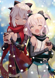  2girls ;) ;d ahoge backlighting bad_id bad_pixiv_id bare_shoulders black_bow black_scarf black_thighhighs blonde_hair blush bow breasts brown_eyes can canned_coffee cleavage cleavage_cutout closed_mouth clothing_cutout commentary_request cowboy_shot dark-skinned_female dark_skin detached_sleeves dress drink_can fate/grand_order fate_(series) grey_hair hairbow height_difference highres holding japanese_clothes kimono large_breasts long_sleeves multiple_girls nichiru obi okita_souji_(fate) okita_souji_(koha-ace) okita_souji_alter_(fate) okita_souji_alter_(first_ascension)_(fate) one_eye_closed open_mouth red_dress red_scarf sash scarf short_hair short_ponytail sideboob single_thighhigh smile snowing steam thighhighs twitter_username white_kimono winter 