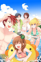  2boys 3girls ^_^ beach bikini black_hair blonde_hair blue_eyes breasts brown_hair cleavage closed_eyes commentary_request day flying_sweatdrops front-tie_top fysr glasses grin long_hair medium_breasts multiple_boys multiple_girls ocean one_eye_closed open_mouth outdoors ponytail red_hair shannon_(umineko) short_hair smile star_(symbol) star_print swimsuit umineko_no_naku_koro_ni ushiromiya_battler ushiromiya_george ushiromiya_jessica ushiromiya_maria wading water 