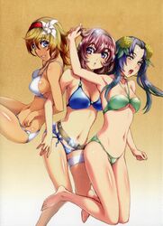  3girls absurdres araki_mataemon bikini blonde_hair blue_eyes blue_hair breasts female highres huge_filesize hyakka_ryouran_samurai_girls legs long_hair miyamoto_musashi_(hyakka_ryouran) multiple_girls nishii_(nitroplus) official_art pink_hair purple_eyes purple_hair sasaki_kojirou_(hyakka_ryouran) short_hair silver_eyes swimsuit 