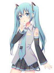  blue_eyes blue_hair commentary_request commission detached_sleeves female hatsune_miku index_finger_raised long_hair mylovelydevil necktie open_mouth skirt solo transparent_background twintails vocaloid 