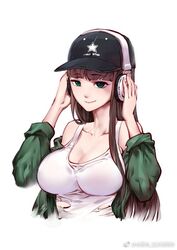  baseball_cap blunt_bangs breasts brown_hair chinese_commentary closed_mouth collarbone commentary_request female green_eyes hands_on_headphones hat headphones headphones_over_headwear jing_mian_tu large_breasts long_hair off_shoulder original sidelocks simple_background sleeves_rolled_up smile solo tank_top upper_body watermark white_background 