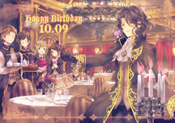  5boys asselin_bb_ii birthday_cake black_gloves bouquet brown_hair cafe_parade_(idolmaster) cake candle chandelier closed_eyes commentary_request cup dated flower food gloves happy_birthday heterochromia idolmaster idolmaster_side-m kamiya_yukihiro looking_at_another male_focus mizushima_saki mokugyo multiple_boys otoko_no_ko pendant_watch red_eyes red_theme rose satan_(idolmaster) shinonome_soichiro stuffed_animal stuffed_pig stuffed_toy teacup teapot tray twintails uzuki_makio vase watch yellow_eyes 