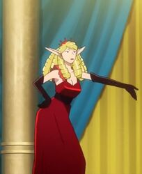  arched_back blonde_hair breasts curly_hair dress elbow_gloves female female gloves lipstick long_ears long_gloves makeup narcissist open_mouth purple_eyes red_dress sofia sofia_(space_dandy) solo space_dandy standing tiara 