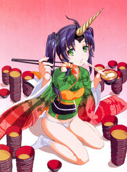  absurdres ahoge beelzebub_(the_seven_deadly_sins) bowl bowl_stack chopsticks demon_girl eating female fingernails food gimp_(medium) gradient_background green_eyes green_kimono groin hair_ornament hair_tie highres holding holding_bowl holding_chopsticks horns japanese_clothes kimono long_fingernails long_hair long_sleeves mochi mochi_trail nishii_(damnedrive) obi official_art on_floor panties parted_bangs purple_hair sash scan single_horn sitting solo tabi the_seven_deadly_sins twintails underwear wariza white_legwear white_panties zouni_soup 