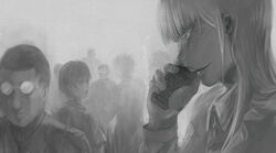  6+boys cellphone commentary_request earpiece female glasses greyscale holding holding_phone jormungand_(manga) koko_hekmatyar lehm_brick lips long_hair looking_back lutz mao_(jormungand) monochrome multiple_boys opaque_glasses open_mouth phone pointy_hair renato_socci short_hair sidelocks talking_on_phone toujou_akihiko ugo uruo very_short_hair william_nelson 