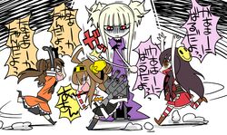  4girls :d ahoge aoki_hagane_no_arpeggio bare_shoulders black_legwear blonde_hair blood blood_on_face blush boots bow brown_eyes brown_hair capelet chibi commentary_request crossover detached_sleeves double_bun dress elbow_gloves g=hikorou gloves hair_bun hair_ornament hairband headgear japanese_clothes kantai_collection kongou_(aoki_hagane_no_arpeggio) kongou_(kancolle) long_hair maya_(aoki_hagane_no_arpeggio) multiple_girls naka_(kancolle) name_connection nontraditional_miko open_mouth pantyhose punching red_eyes ribbon school_uniform serafuku short_hair short_sleeves skirt smile socks striped_clothes striped_pantyhose thighhighs translated 