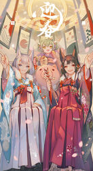  3girls ahoge akagi_(azur_lane) akashi_(azur_lane) animal_ears azur_lane black_kimono blue_eyes blunt_bangs cat_ears commentary eyeliner eyeshadow fox_ears fox_girl fur_trim green_hair guan_tang_baozi hair_between_eyes japanese_clothes kaga_(azur_lane) kimono kitsune makeup mole mole_under_eye multiple_girls purple_kimono red_eyes white_hair white_kimono wide_sleeves 